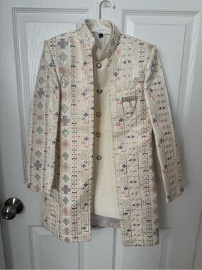 Cream Embroidered Formal Kids Jacket with Multicolor Motifs